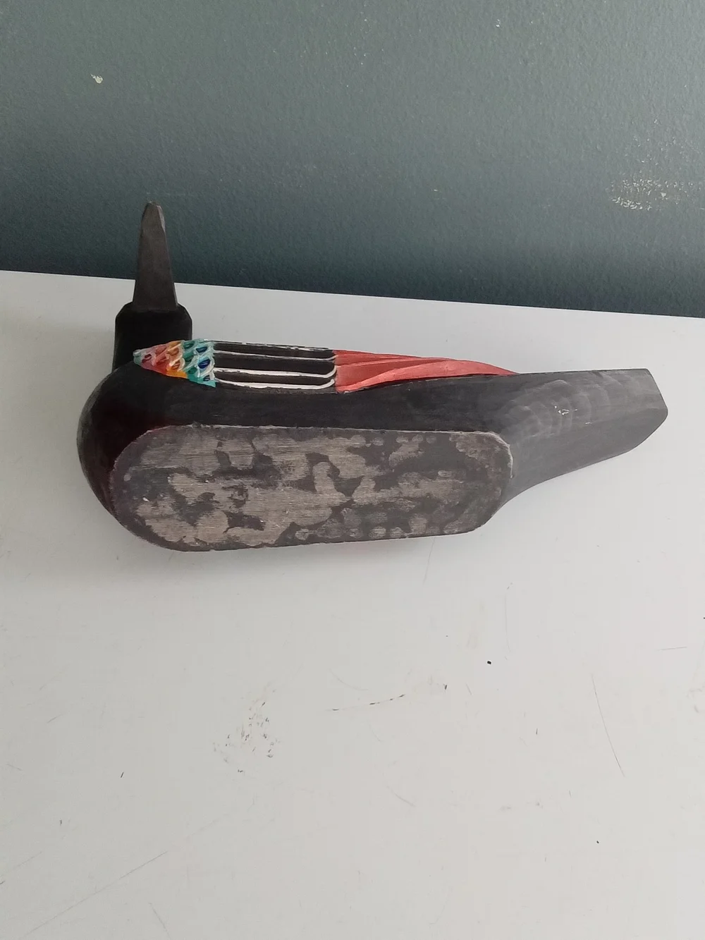 Handpainted Black & Coral Decorative Bird Figurine